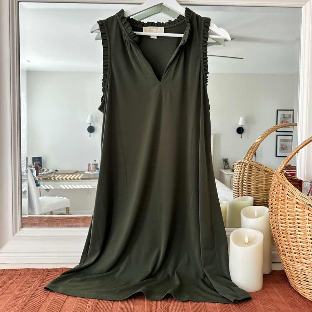 Michael Kors Olive Green Ruffle-Trim V-Neck Dress